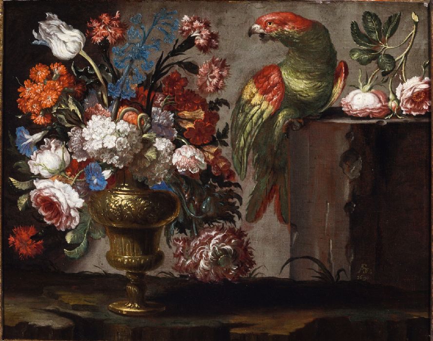 Vase en métal doré avec fleurs et perroquet - VENDU