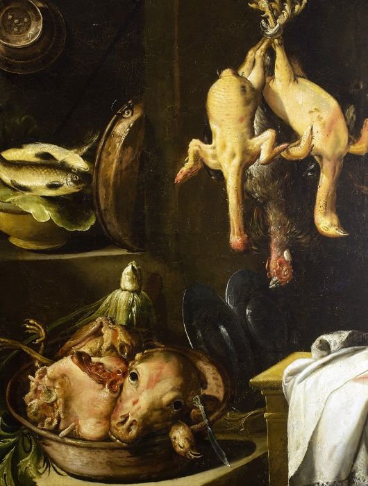 Natureza morta com peixes, perus, cabeça de vitela e galinhas depenadas - VENDIDO