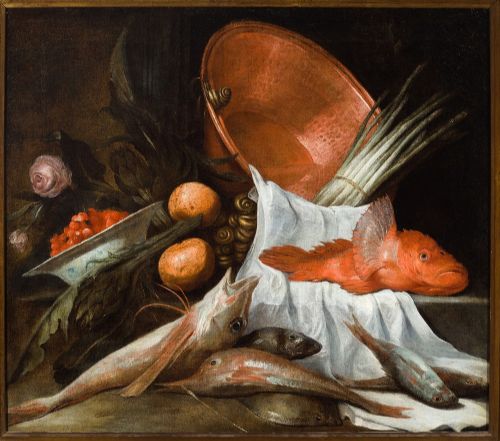  Natura morta con pesci, ortaggi, rosa e bacile in rame - VENDUTO