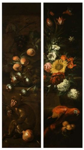 Composition avec perroquet, fleurs et fruits et avec singe, raisins, grenade et autres fruits
    