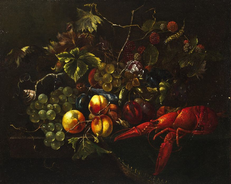 Natura morta con frutta e aragosta - Pittore fiammingo del XVII secolo - VENDUTO